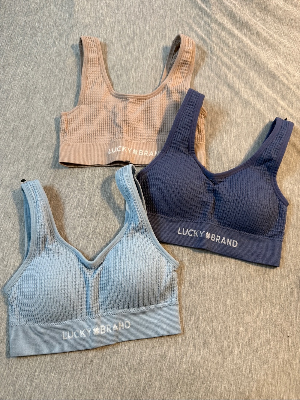 Lucky Brand Waffle-Knit Bralettes in Beige, Navy & Light Blue